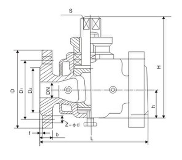 BX43W-10C/P二通保温法兰式碳钢旋塞阀外形结构尺寸